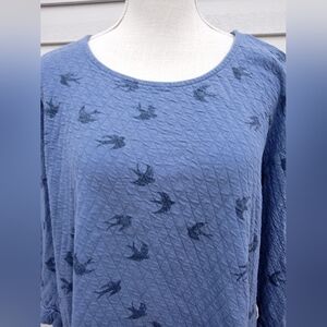 SOLD! 100% Cotton, Cozy Quilted 3/4 Sleeve Pullover Sweatshirt, XL, Blue w Birds